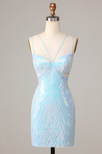 Så fantastisk bodycon spaghetti remmar blå paljetter kort hemkomst klänning